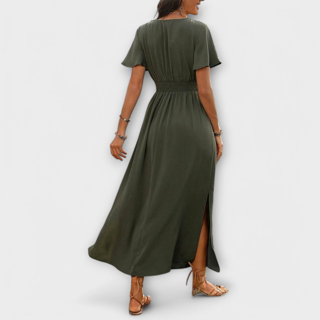Heather - Elegantní Boho Šaty s Výstřihem do V a Dlouhými Rukávy
